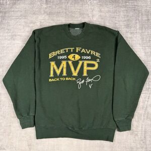 Green Bay Packers Sweatshirt Mens Large Green Vtg Brett Farve 2X MVP Crewneck